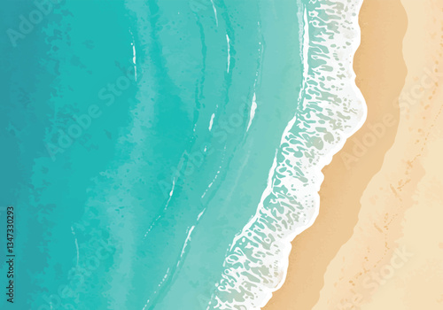 水彩風のビーチと青い海のイラスト