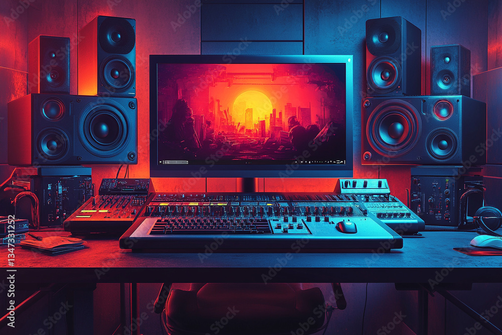 Modern music production setup with vibrant lighting Modern music production setup with vibrant lighting