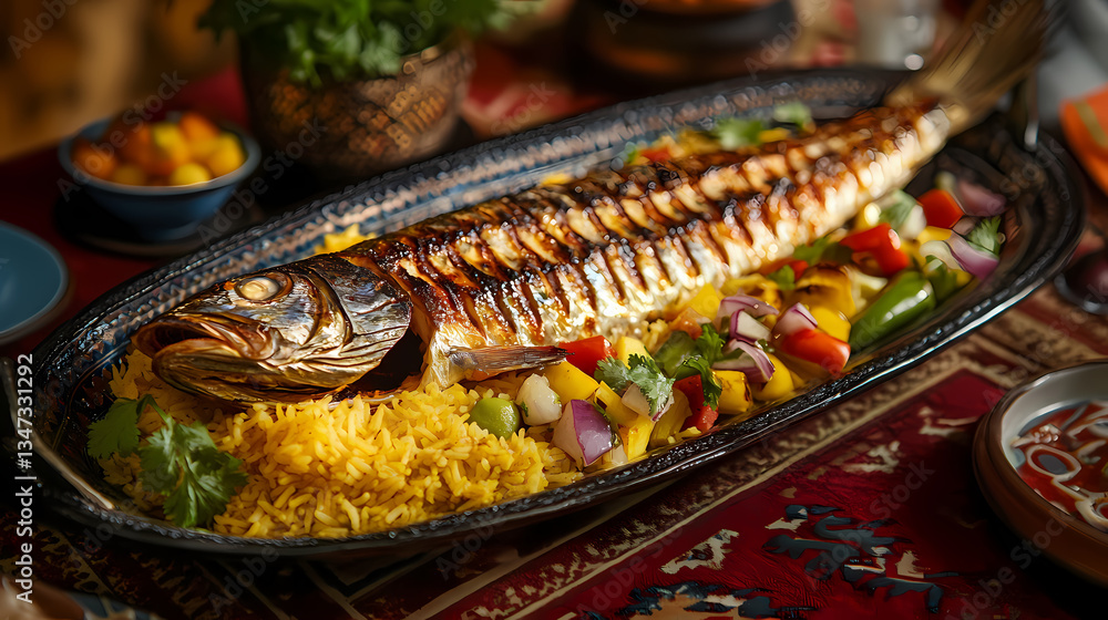 Fototapeta premium Exquisite Grilled Fish Platter: A delectable whole grilled fish served on a bed of vibrant yellow rice and a medley of colorful vegetables, an enticing culinary masterpiece.
