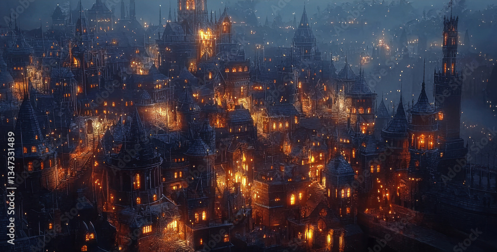 Obraz premium This breathtaking medieval cityscape showcases tightly packed buildings with glowing windows against a foggy night backdrop. The warm lights create a magical, enchanting mood