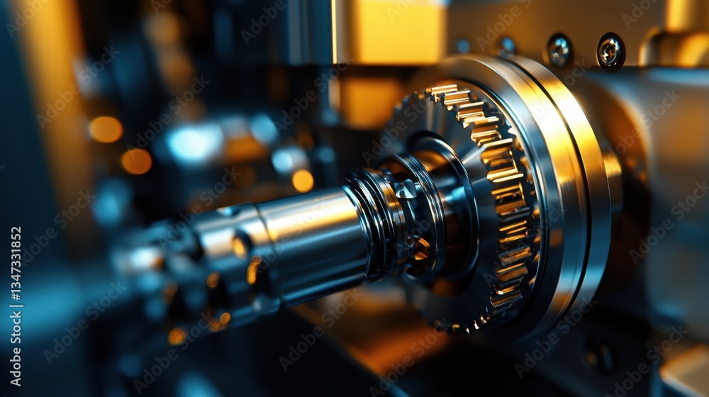 Close-up view of a metal gear being precision machined in a high-tech factory. Bright lights reflect off the polished surfaces, showcasing the intricate details of the machinery in action Close-up view of a metal gear being precision machined in a high-tech factory. Bright lights reflect off the polished surfaces, showcasing the intricate details of the machinery in action