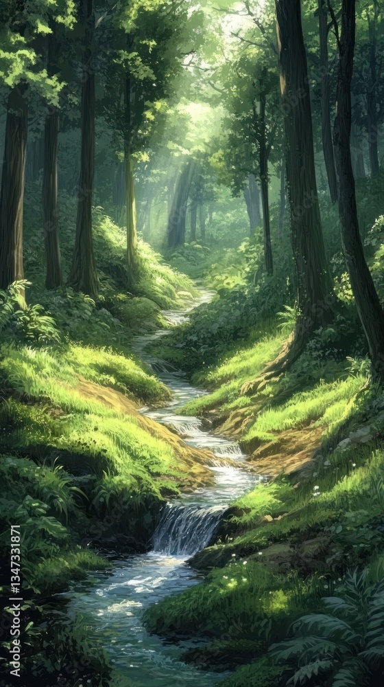 A verdant forest scene featuring a flowing stream of water A verdant forest scene featuring a flowing stream of water
