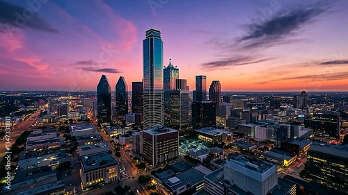 Dallas Skyline Sunset Aerial View