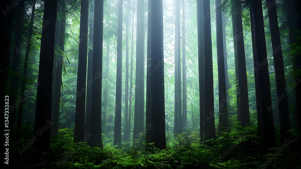 Naklejka premium Dense Forest Interior Scene with Sunlight Piercing Through Canopy in Green Tones