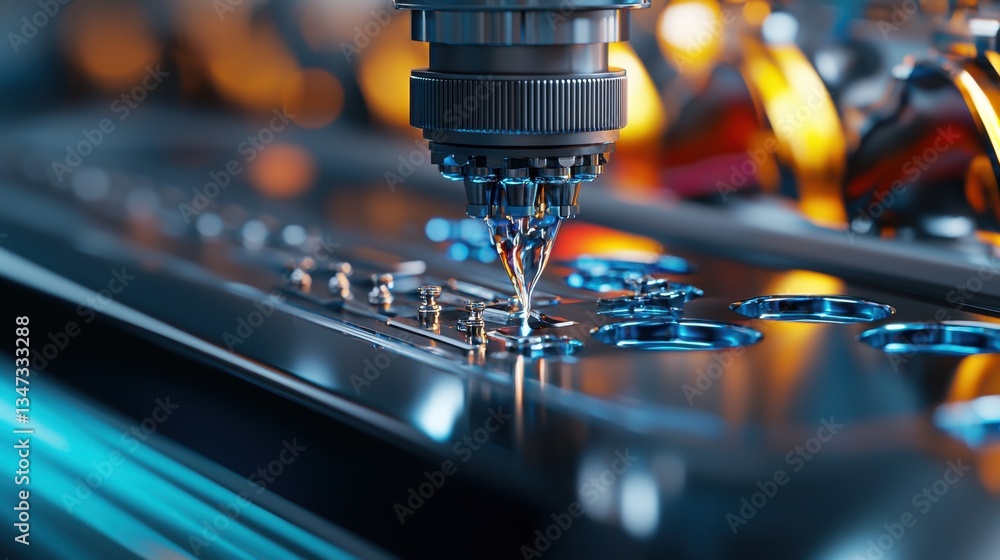 Machinery operates with precision to create detailed components in a manufacturing setting. The scene depicts the careful application of tools and techniques under bright lights Machinery operates with precision to create detailed components in a manufacturing setting. The scene depicts the careful application of tools and techniques under bright lights