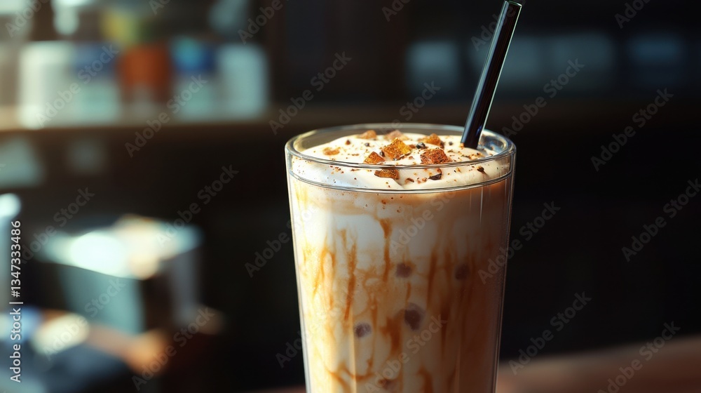 A tall glass filled with creamy iced coffee showcases a generous layer of whipped cream, adorned with crushed cookies. Sunlight pours warmly into the cozy cafe atmosphere, enhancing the inviting feel A tall glass filled with creamy iced coffee showcases a generous layer of whipped cream, adorned with crushed cookies. Sunlight pours warmly into the cozy cafe atmosphere, enhancing the inviting feel