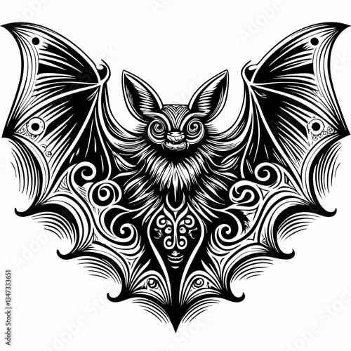 a detailed, monochrome illustration of a bat with outstretched wings, featuring intricate patterns and a captivating gaze
