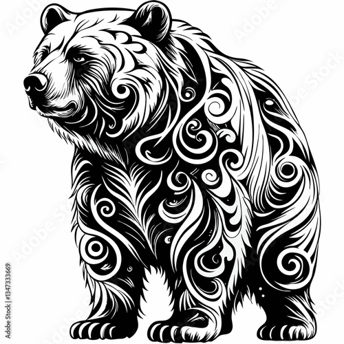 a black and white illustration of a majestic bear featuring detailed tribal patterns all over its body