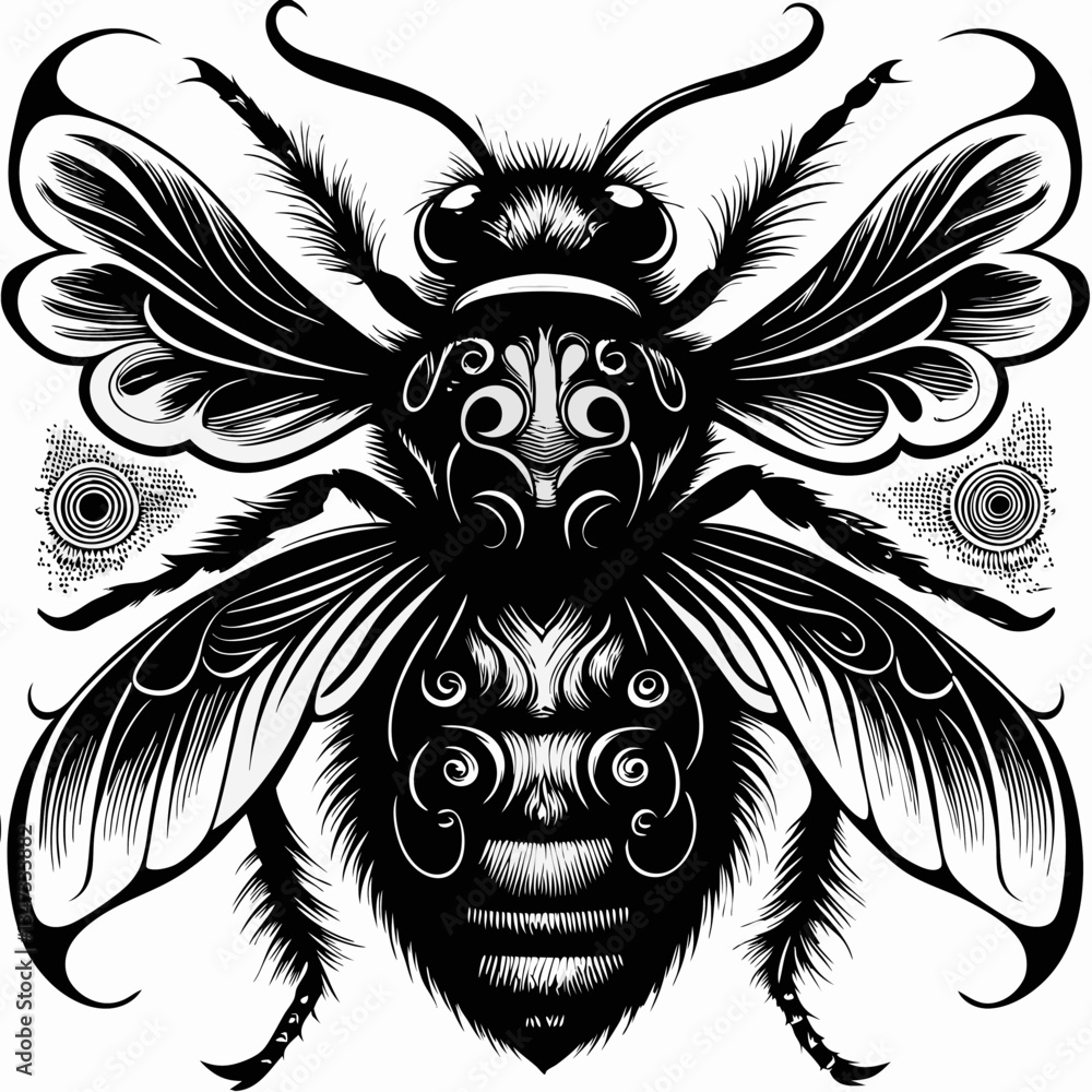 Fototapeta premium a detailed black and white bee illustration, the intricate design on the insect's body is captivating