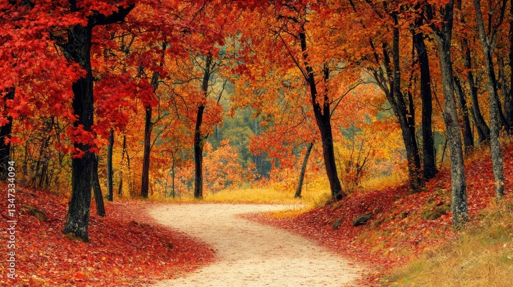 Naklejka premium Autumn path winding through vibrant forest, leaves covering ground