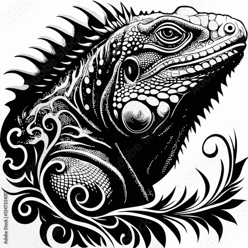 an intricately detailed illustration of an iguana head. The image is presented in black and white, emphasizing the textures and patterns of the reptile.