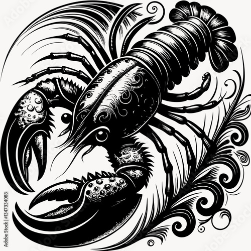 An intricate black and white drawing of a lobster with ornamental details. The drawing showcases the lobster in an artistic, detailed way