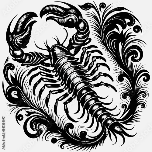 A detailed illustration of the scorpion zodiac symbol with ornamental flourishes