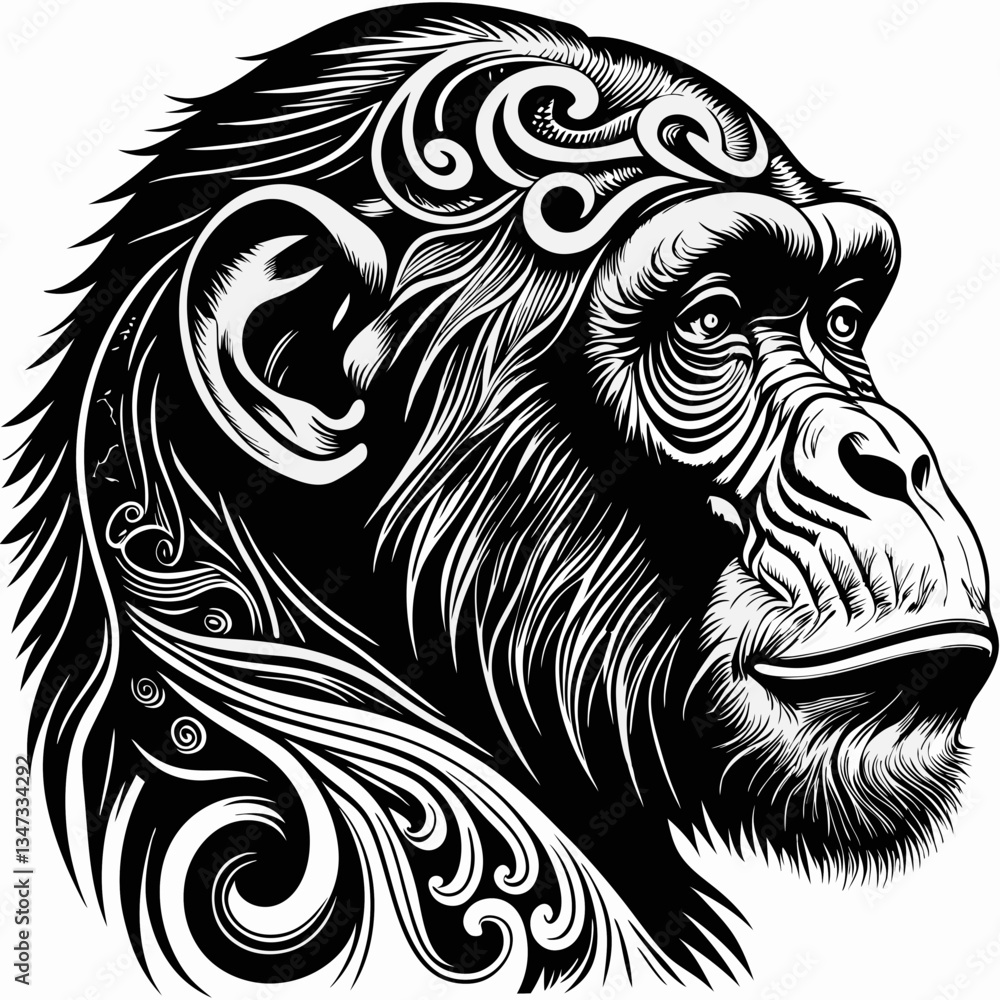 Chimpanzee head portrait with decorative swirls. Black and white illustration, detailed line art. Chimpanzee head portrait with decorative swirls. Black and white illustration, detailed line art.