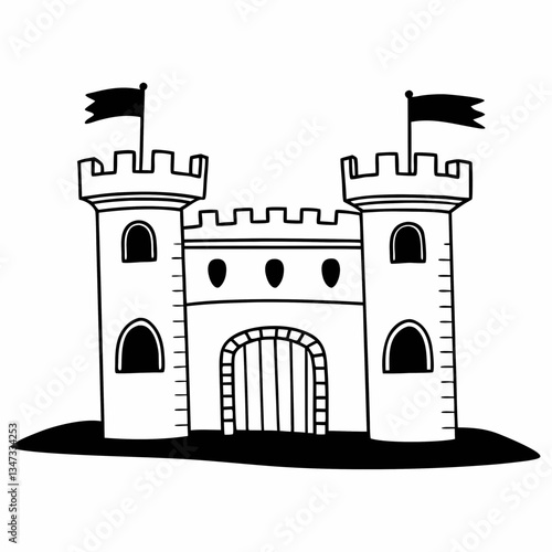 a black and white illustration of a medieval castle, complete with towers, flags, and a fortified gate.