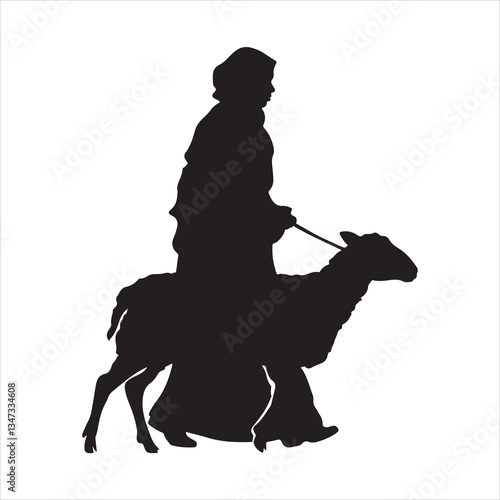 muslim woman walks leading a tied sheep silhouette
