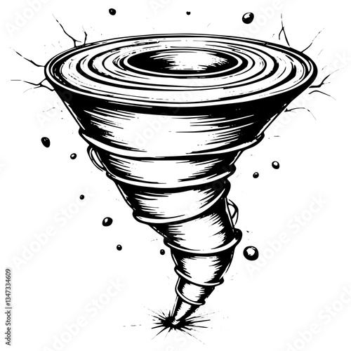 Engraved tornado vortex with motion lines and sketchy storm effect