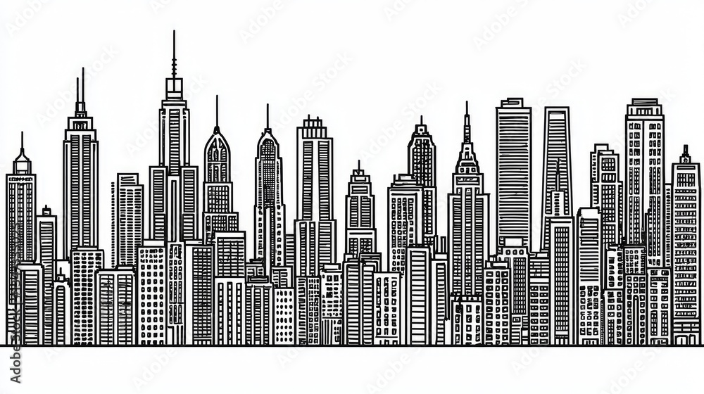 Naklejka premium Skyline illustration of a dense cityscape with varied skyscrapers under clear sky for use as wallpaper
