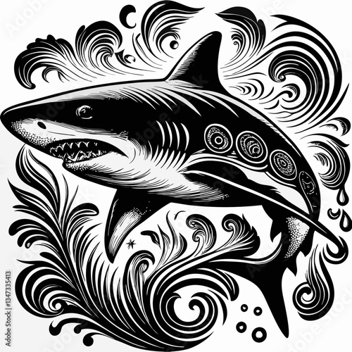 a detailed illustration of a fierce shark swimming in stylized water