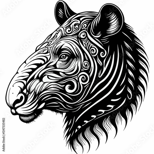 Intricate Tapir Portrait: A captivating black and white illustration of a tapir with detailed patterns. The artwork showcases the tapir's unique features.