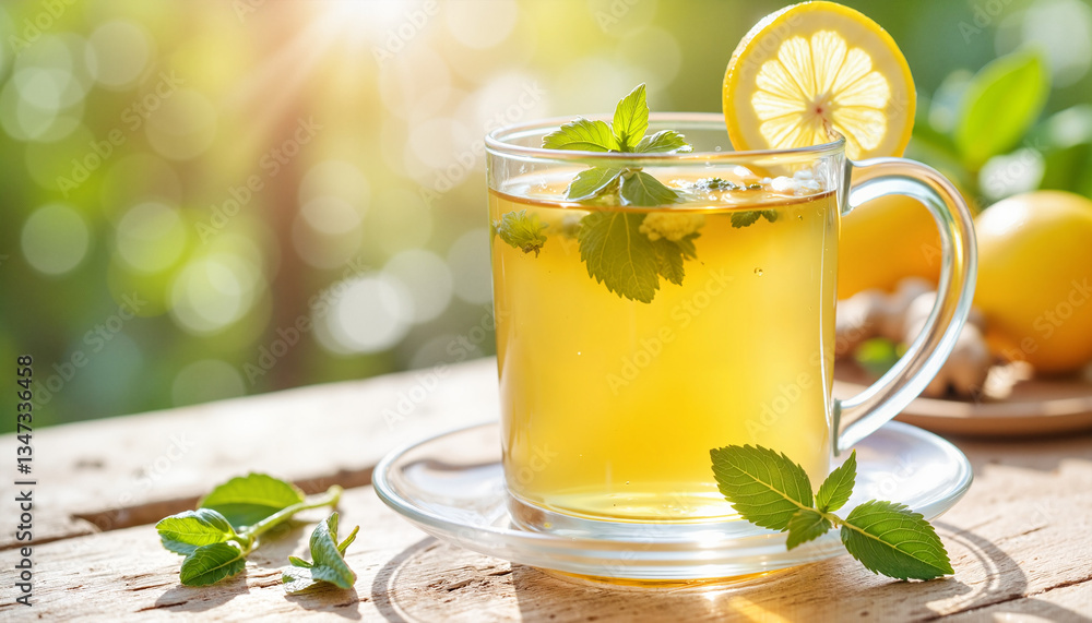 Refreshing herbal tea with lemon and mint against a bright background Refreshing herbal tea with lemon and mint against a bright background