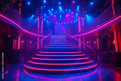Colorful illuminated staircase in a vibrant nightlife venue