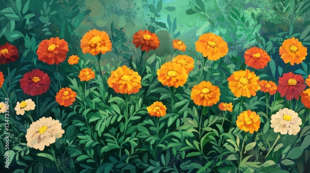 A colorful array of marigold flowers can be seen thriving in a lush garden under the bright spring sun. The scene highlights rich oranges and yellows among green leaves, creating a lively atmosphere A colorful array of marigold flowers can be seen thriving in a lush garden under the bright spring sun. The scene highlights rich oranges and yellows among green leaves, creating a lively atmosphere