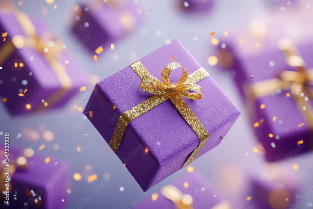 Fototapeta premium Purple gift box with gold ribbon, surrounded by scattered petals and candles, on a table with soft candlelight.