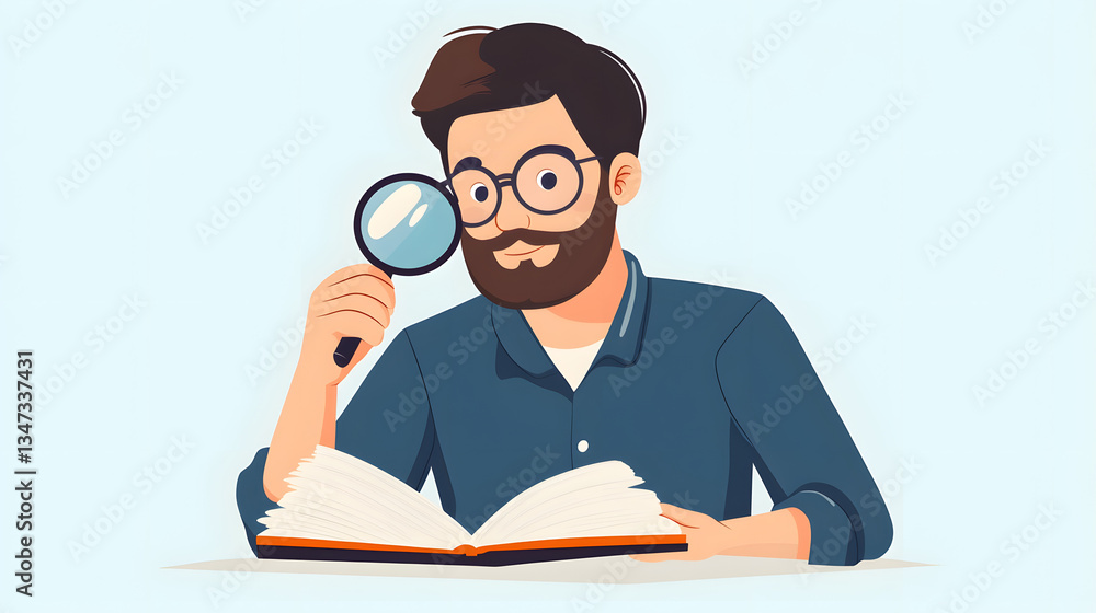 Professional Flat Vector Illustration of Man Reading Text Through Magnifier Professional Flat Vector Illustration of Man Reading Text Through Magnifier