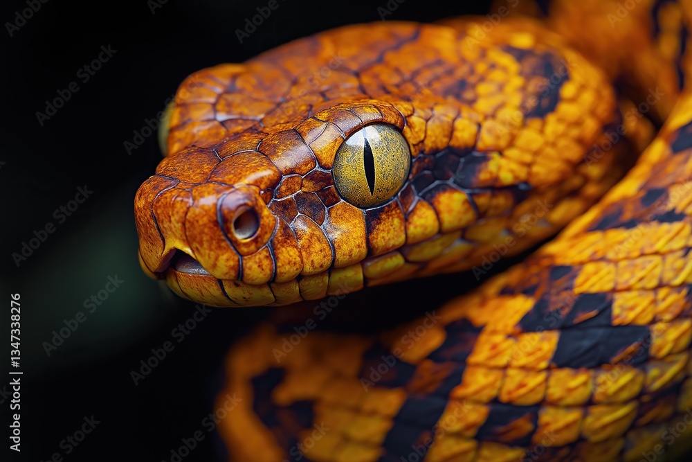 Beautiful yellow snake with big eyes on black background. Studio shot. Beautiful yellow snake with big eyes on black background. Studio shot.