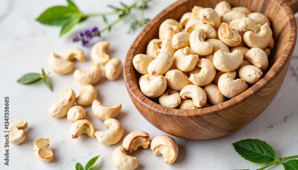Cashews in wooden bowl with fresh herbs Cashews in wooden bowl with fresh herbs