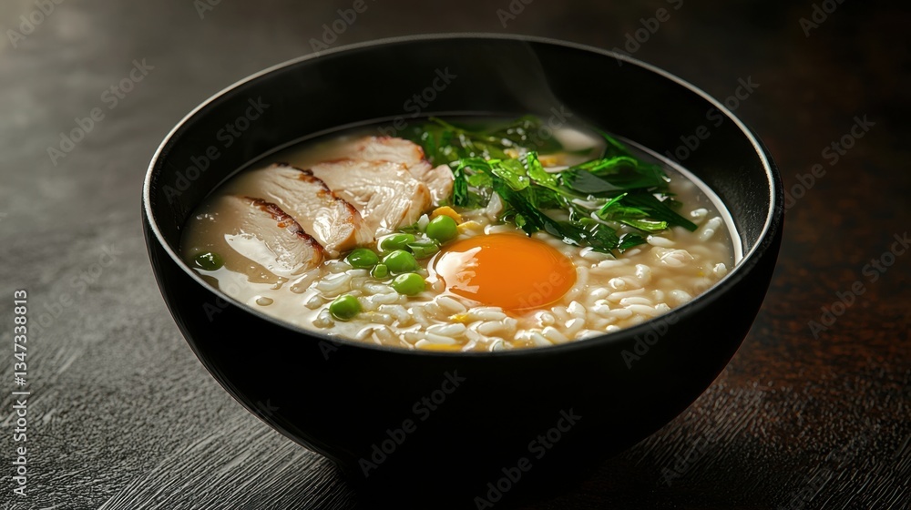 A steaming bowl of ramen features tender meat slices, a raw egg, and fresh greens on a rustic wooden table. The rich broth exudes warmth and comfort in a relaxed atmosphere A steaming bowl of ramen features tender meat slices, a raw egg, and fresh greens on a rustic wooden table. The rich broth exudes warmth and comfort in a relaxed atmosphere