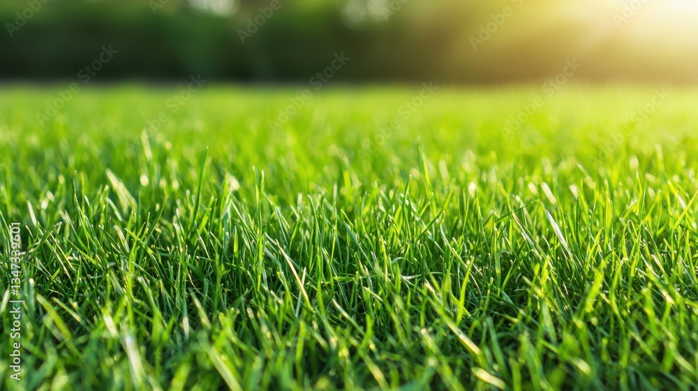 Fototapeta premium Vibrant green grass background, freshly cut lawn texture, rich and dense blades, natural sunlight, soft shadows, ultra realistic details