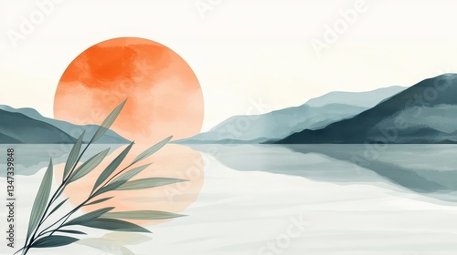 Zen Sunrise Landscape with Mountains, Lake Reflection, and Watercolor.