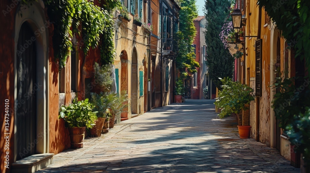 Fototapeta premium A peaceful cobblestone street in a quaint Italian village is adorned with vibrant greenery and charming buildings under bright sunlight. The atmosphere is serene and inviting