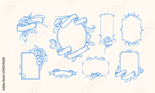 A modern vector-style illustration of decorative hand-drawn frames with ribbons and floral elements, easily editable.
