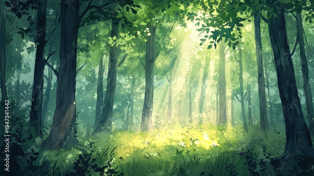 Fototapeta premium In a peaceful forest, soft sunlight streams through dense green leaves, creating a calming atmosphere. The ground is lush with grass and dappled light