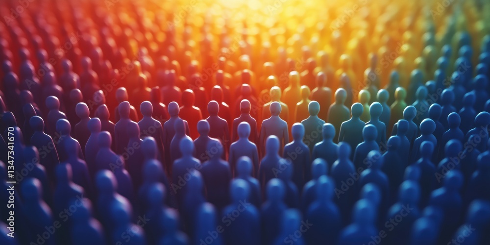 Fototapeta premium Crowd of miniature figures in a gradient background representing diversity during a sunrise or sunset event