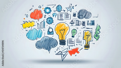 Brainstorming Ideas Creative Sketch of Lightbulb, Thoughts & Strategies