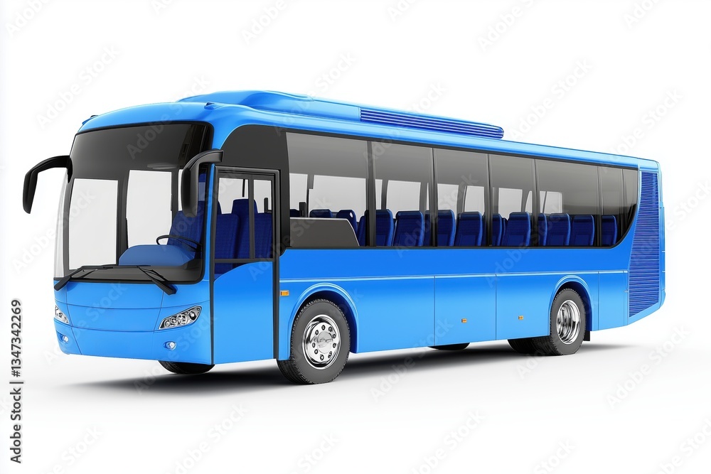 Blue city bus parked at a station with empty interior seats and large windows on a sunny day Blue city bus parked at a station with empty interior seats and large windows on a sunny day