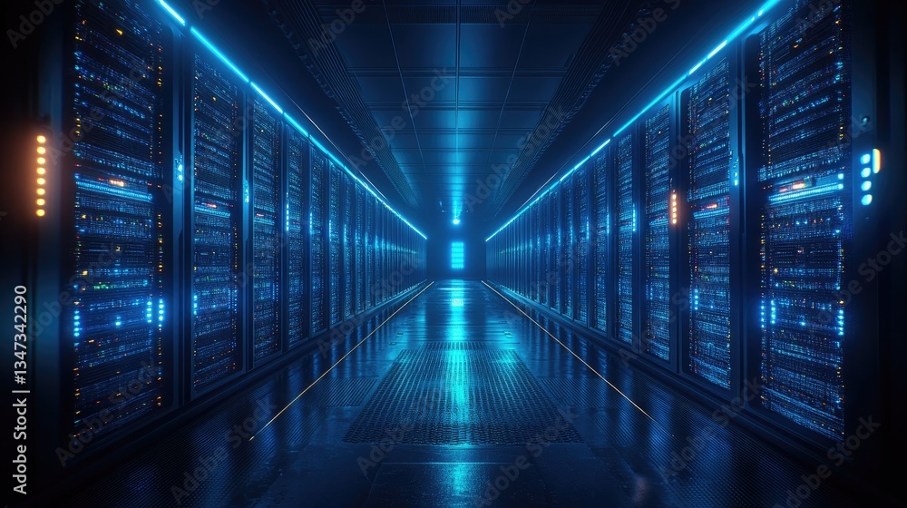 A futuristic data center with glowing blue server racks in a high-tech corridor. Ideal for technology, cybersecurity, cloud computing, and artificial intelligence themes A futuristic data center with glowing blue server racks in a high-tech corridor. Ideal for technology, cybersecurity, cloud computing, and artificial intelligence themes