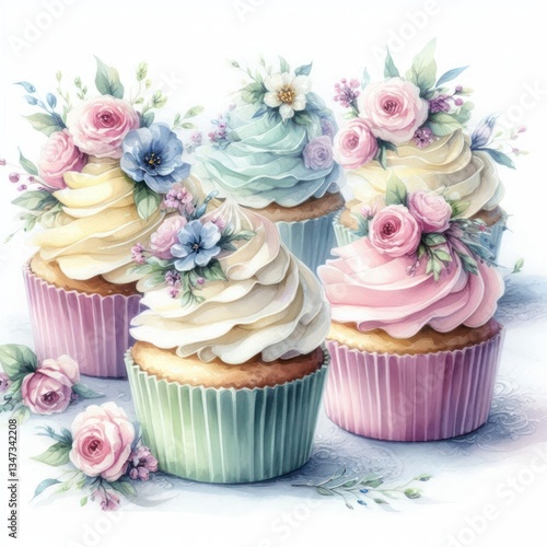 Delicious Pastel Cupcakes Decorated with Delicate Roses and Flowers Watercolor Painting