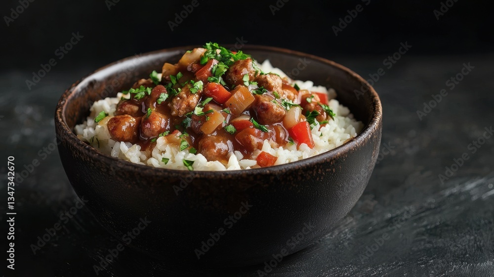 A warm rice bowl sits on a dark countertop, filled with tender meat and colorful vegetables glistening with tasty sauce, garnished with fresh herbs for added flavor A warm rice bowl sits on a dark countertop, filled with tender meat and colorful vegetables glistening with tasty sauce, garnished with fresh herbs for added flavor