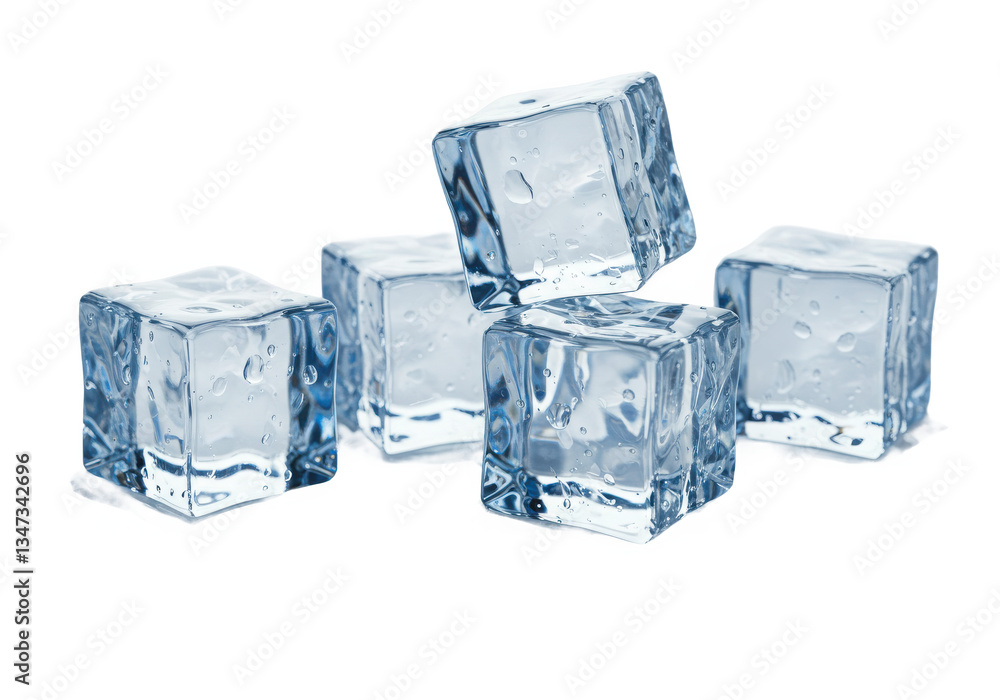 A group of five ice cubes stacked on a transparent background with water droplets on the surface of the cubes A group of five ice cubes stacked on a transparent background with water droplets on the surface of the cubes