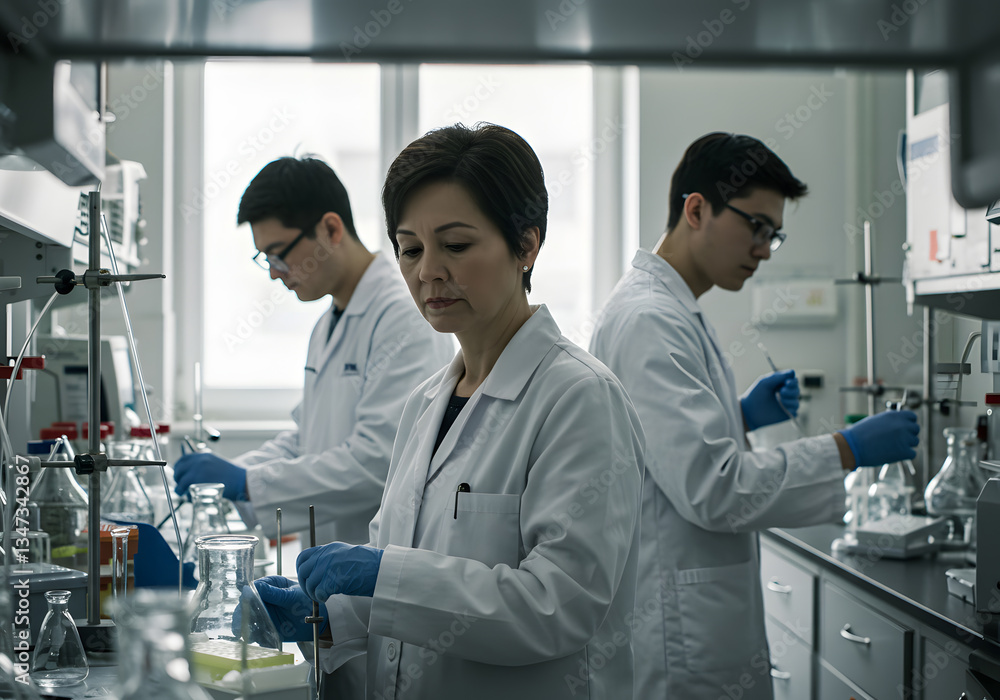 Naklejka premium Dedicated Scientists Conducting Experiments in a Modern Laboratory Setting