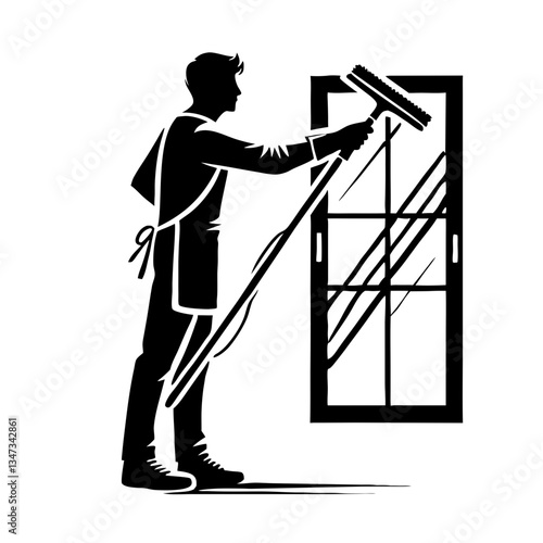 Silhouette of a man washing a window with a squeegee and apron