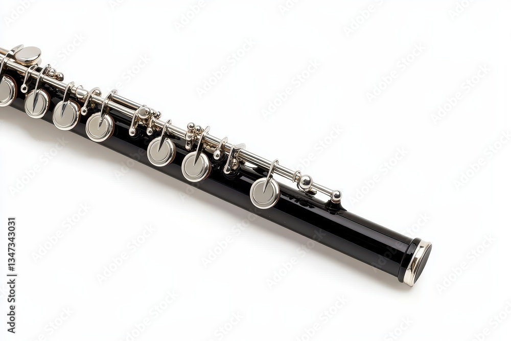 Fototapeta premium Black Flute with Silver Keys on White Background
