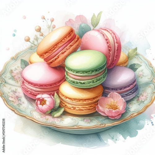 Colorful Macarons on Vintage Plate Watercolor Painting Pastel Sweets Delicious French Pastry Floral