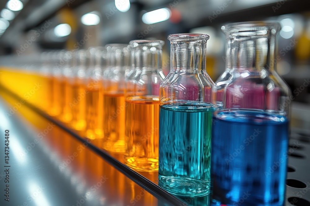 Brightly colored glass bottles filled with liquids on a production line in a factory during daytime Brightly colored glass bottles filled with liquids on a production line in a factory during daytime