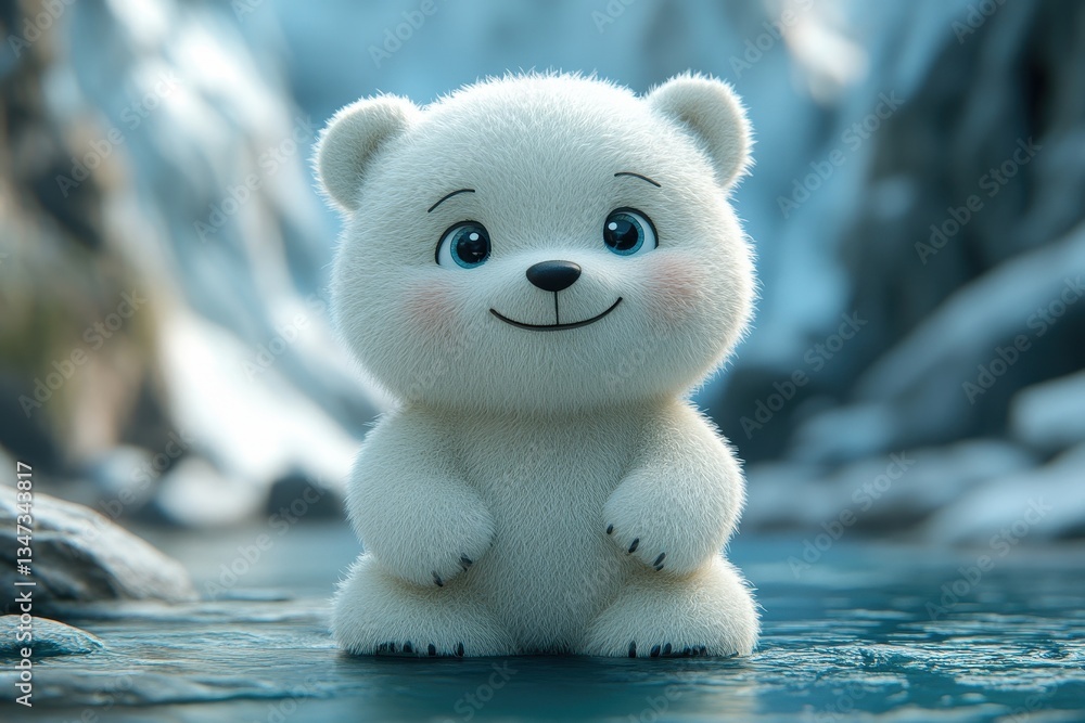 Cute polar bear cub playing in a serene icy landscape surrounded by snow and water with a joyful expression Cute polar bear cub playing in a serene icy landscape surrounded by snow and water with a joyful expression